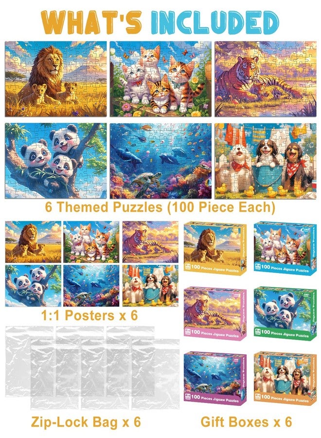 Yigney 100 Piece Puzzles for Kids - Ages 4-6 6-8 8-10 Year Old - Lions, Cats, Pandas, Tigers, Dogs, Turtles, 6-Pack Jigsaw Puzzles for Kids Learning Educational Toys for Boys and Girls - Image 3